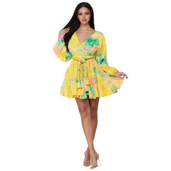 L’Atiste After Glow Tie Dye Rainbow Faux Wrap Belted Flare Skater Mini Dress - Picture 4 of 10